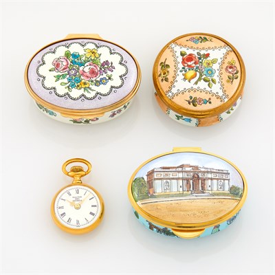 Lot 1217 - Three Porcelain and Enamel Boxes and Enamel Pendant-Watch
