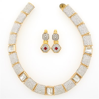 Lot 1221 - Kenneth Jay Lane Gilt-Metal and Rhinestone Choker Necklace and Pair of Pendant-Earclips