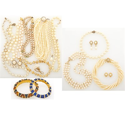 Lot 1225 - Two Gilt-Metal and Enamel Bangle Bracelets and Group of Imitation Pearl Necklaces and Earclips