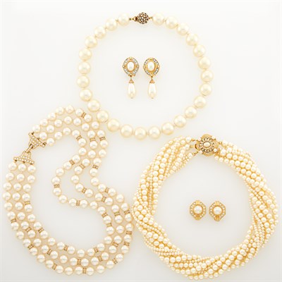Lot 1229 - Three Imitation Pearl Necklaces and Two Pairs of Earclips