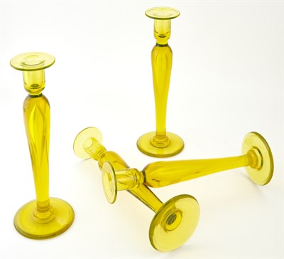 Lot 24 - Set of Four Blown Vaseline Glass Candlesticks...