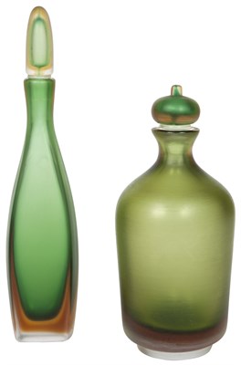 Lot 32 - Two Venini Green Inciso Glass Bottles with...