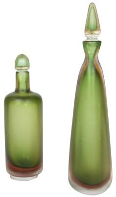 Lot 33 - Two Venini Green Inciso Glass Bottles with...