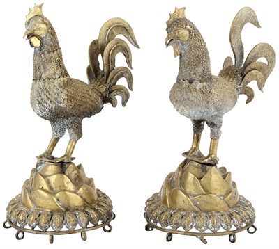 Lot 186 - Pair of Brass Standing Figures of Roosters,...