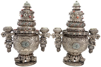Lot 350 - A Pair of Jade-Inset Mongolian White Metal...