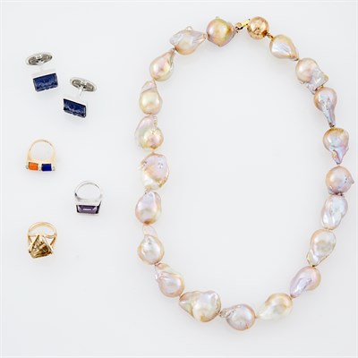 Lot 1252 - Baroque Freshwater Pearl Necklace, Lalique Pair of Metal and Carved Glass 'Arethuse' Cufflinks and Three Rings