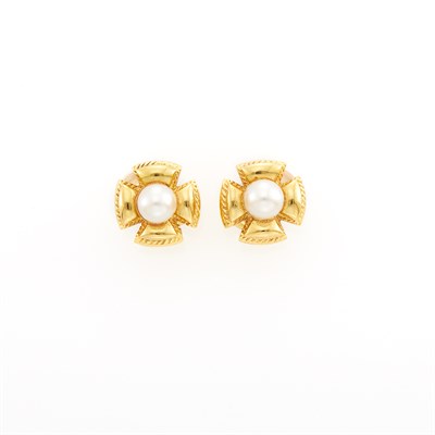 Lot 1010 - Tiffany & Co., Schlumberger Pair of Gold and Cultured Pearl Maltese Cross Earclips