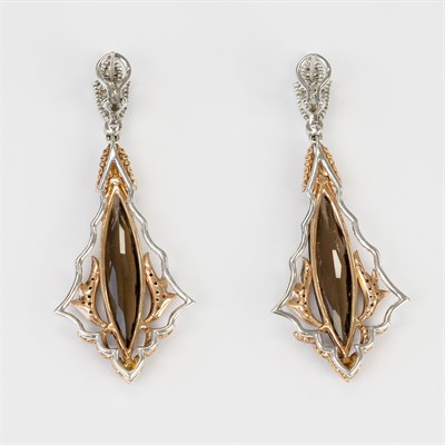 Lot 1102 - Pair of Two-Color Gold, Smoky Quartz, Diamond and Colored Diamond 
Pendant-Earrings