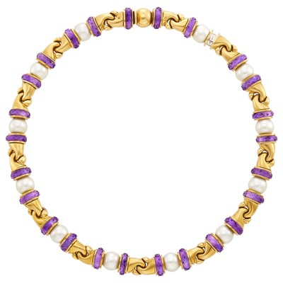 Lot 80 - Bulgari Gold, Cultured Pearl and Amethyst 'Passo Doppio' Necklace