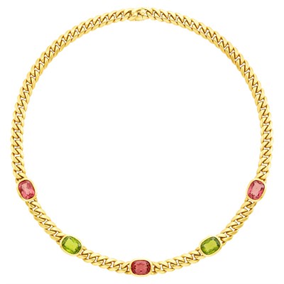 Lot 77 - Bulgari Gold, Pink Tourmaline and Peridot Curb Link Necklace