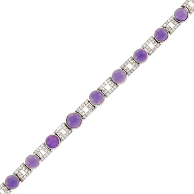 Lot 48 - Platinum, Cabochon Amethyst and Diamond Bracelet, France