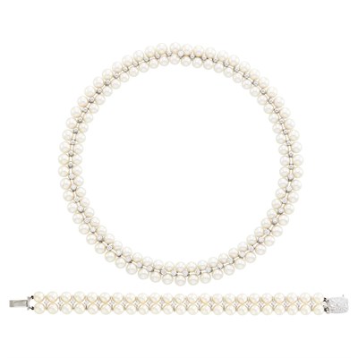 Lot 35 - Mikimoto Double Strand White Gold, Cultured Pearl and Diamond Necklace and Bracelet