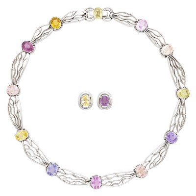 Lot 59 - White Gold and Multicolored Sapphire Necklace and Pair of Earclips
