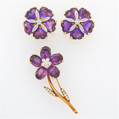 Lot 230 - Pair of Two-Color Gold, Amethyst and Diamond Flower Earclips and Tiffany & Co. Amethyst and Diamond Flower Brooch