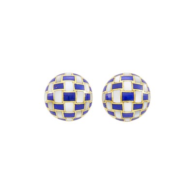 Lot 75 - Tiffany & Co. Pair of Gold, Lapis and Mother-of-Pearl 'Checkerboard' Earclips