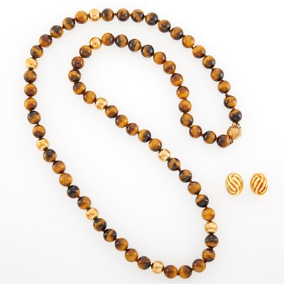 Lot 35 - Tiffany & Co. Pair of Gold Earclips and Gump's Tiger's Eye and Gold Bead Necklace