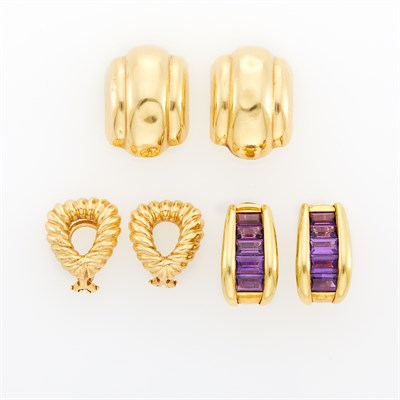 Lot 70 - Three Pairs of Gold and Amethyst Earclips