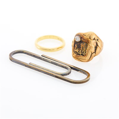 Lot 142 - Gentlemen's Gold and Diamond Figural Ring, Harry Winston Gold Band Ring and Tiffany Silver Money Clip