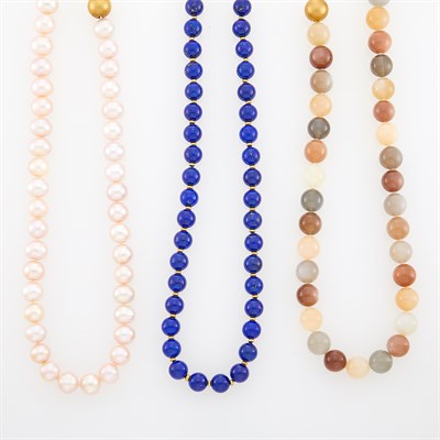 Lot 65 - Three Freshwater Pearl, Lapis and Agate Bead Necklaces