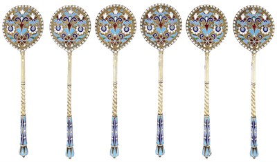 Lot 137 - Set of Six Russian Silver-Gilt and Cloisonné...