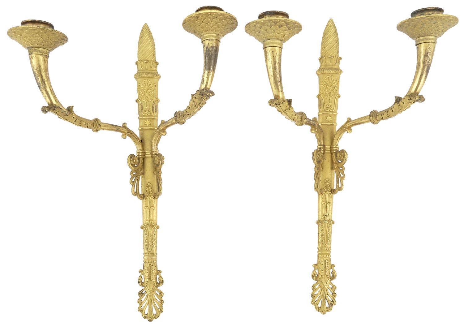 Lot 195 - Pair of Empire Ormolu Two-Light Wall Lights...