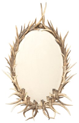 Lot 229 - Antler-Mounted Oval Mirror Height 43 inches...