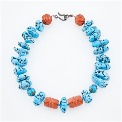 Lot 182 - Silver and Turquoise Pendant-Necklace, Two Cuff Bracelets and Bar Brooch and Dyed Bead and Jasper Necklace