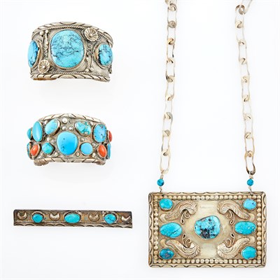 Lot 1238 - Silver and Turquoise Pendant-Necklace, Two Cuff Bracelets and Bar Brooch