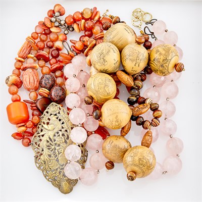 Lot 1244 - Two Rose Quartz Bead Necklaces and Two Chinese and Taiwanese Wood and Agate Bead Necklaces