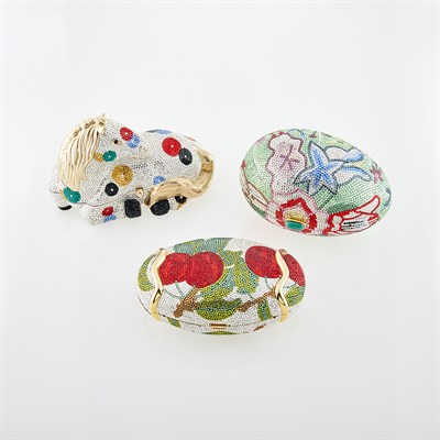Lot 1309 - Judith Leiber Crystal Cherry Egg Clutch, Spotted Horse Clutch and Garden Egg Clutch