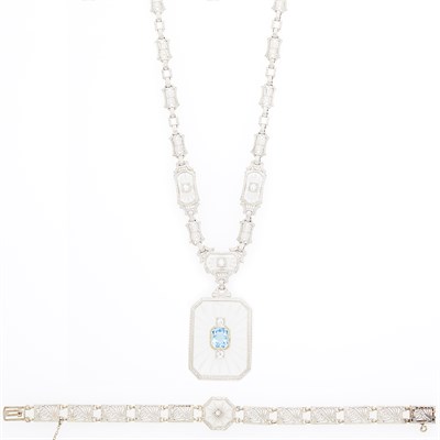 Lot 122 - White Gold, Rock Crystal, Aquamarine and Diamond Pendant-Necklace and Bracelet
