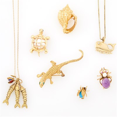 Lot 1208 - Group of Gold and Gem-Set Pins, Pendants and Two Chains