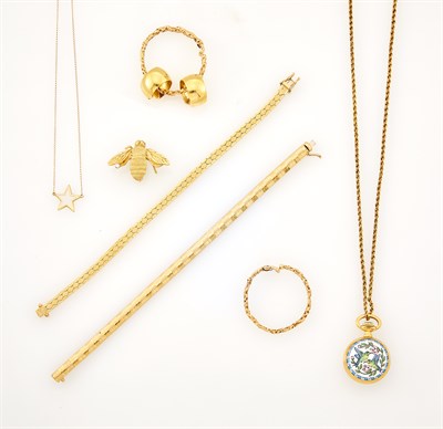 Lot 1216 - Group of Gold Jewelry and Enamel Pendant-Watch