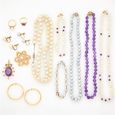 Lot 1072 - Group of Gold, Low Karat Gold, Cultured, Freshwater and Imitation Pearl and Bead Jewelry