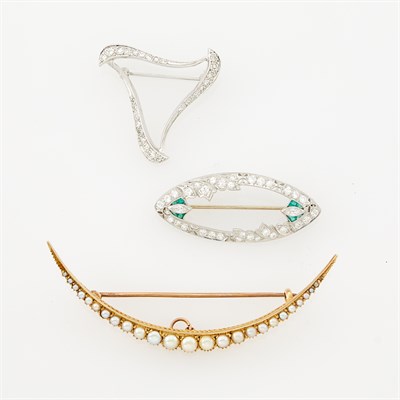 Lot 1123 - Two Platinum, White Gold and Diamond Pins and Antique Gold and Split Pearl Crescent Brooch