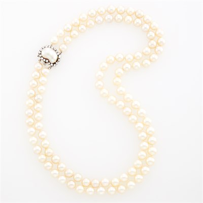 Lot 1100 - Double Strand Cultured Pearl Necklace with White Gold, Baroque Cultured Pearl and Diamond Clasp
