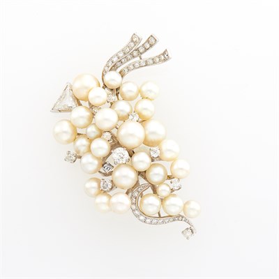 Lot 1089 - White Gold, Cultured Pearl and Diamond Brooch