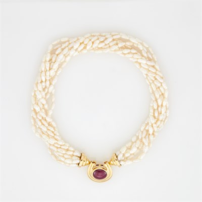 Lot 1289 - Nine Strand Freshwater Pearl Torsade Necklace with Gold and Cabochon Ruby Clasp