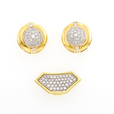 Lot 1296 - Two-Color Gold and Diamond Enhancer and Pair of Earclips