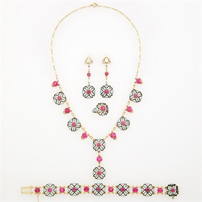 Lot 1067 - Suite of Gold, Enamel, Simulated Ruby and Freshwater Pearl Jewelry