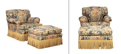 Lot 150 - Pair of Upholstered Club Chairs and Ottomans...