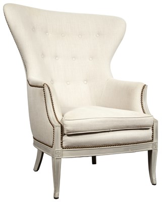 Lot 168 - Linen-Upholstered White-Painted Wing Armchair...