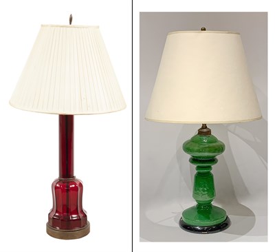 Lot 270 - Ruby Glass Lamp; Together with a Green Glass...