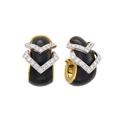 Lot 92 - David Webb Pair of Gold, Platinum, Black Enamel and Diamond Earclips