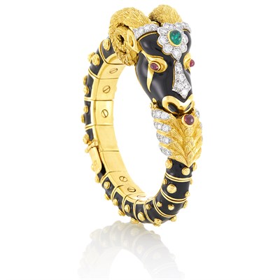 Lot 91 - David Webb Gold, Platinum, Black Enamel, Diamond and Gem-Set Ram's Head Bracelet