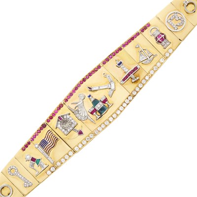 Lot 23 - Gold, Platinum, Diamond and Gem-Set Charm Bracelet