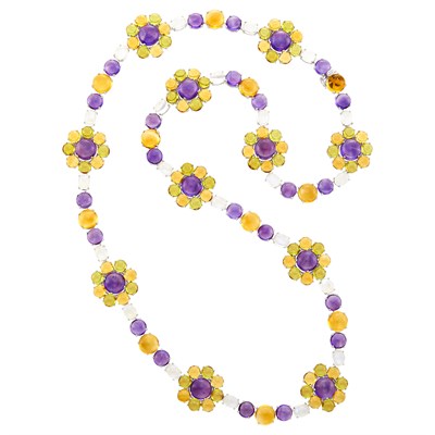 Lot 104 - Long Gold, White Gold, Cabochon Amethyst, Citrine, Moonstone and Peridot Necklace