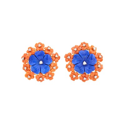 Lot 25 - Pair of Gold, Carved Lapis and Coral and Diamond Flower Earclips