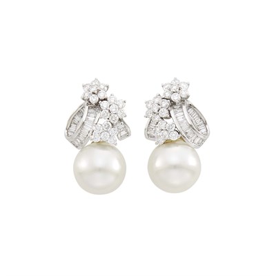 Lot 42 - Pair of White Gold, Diamond and South Sea Cultured Pearl Earrings