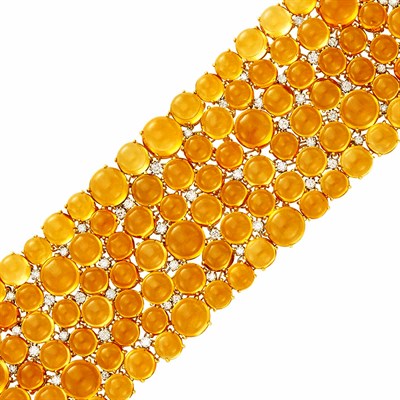 Lot 103 - Wide Gold, Cabochon Citrine and Diamond Bracelet